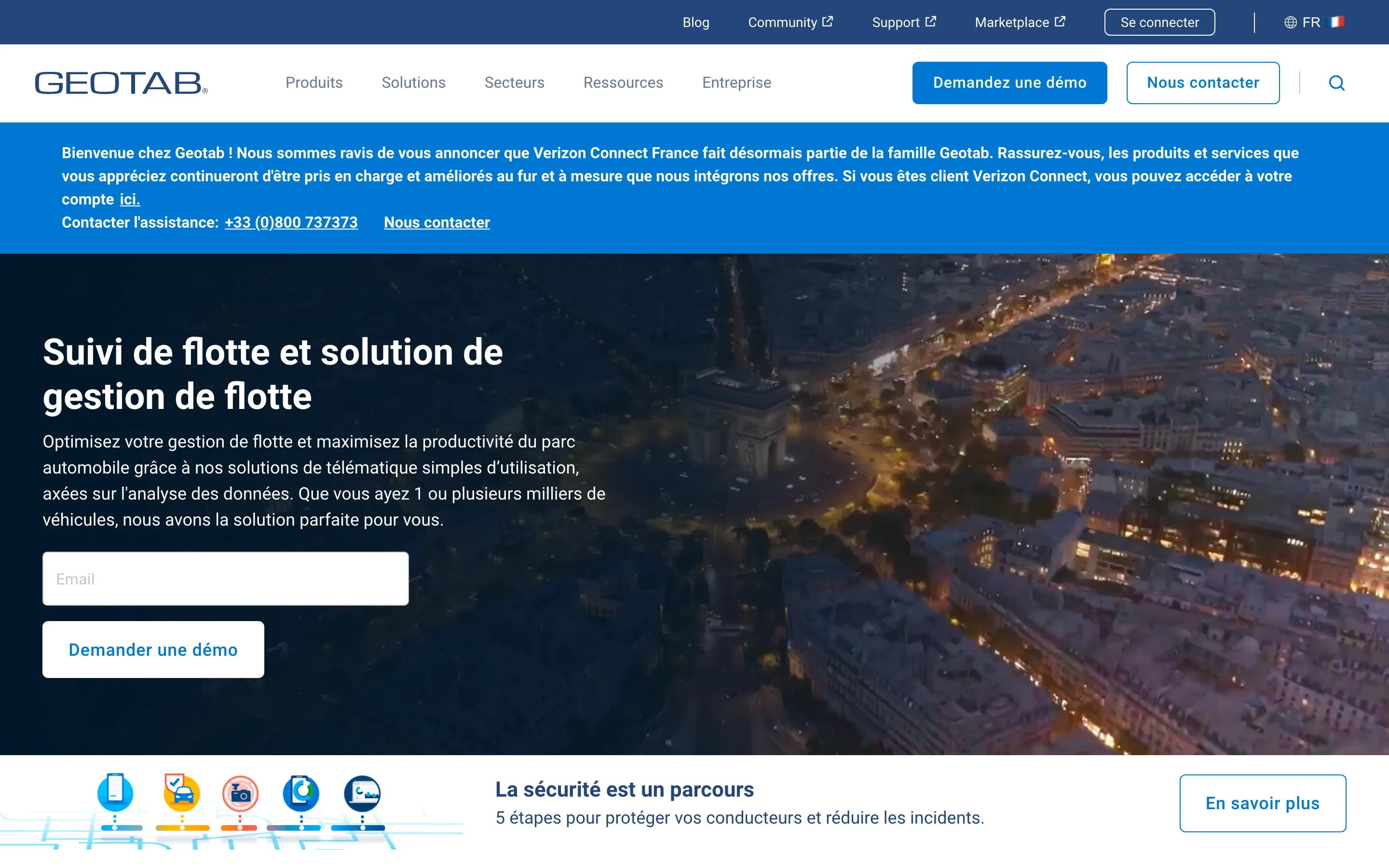 Page d'accueil Geotab, solution de gestion de flotte, relevée en juillet 2026