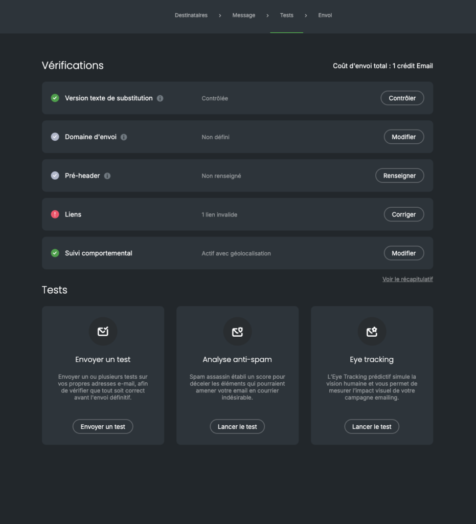 écran résumé de l'analyser de campagnes mailling