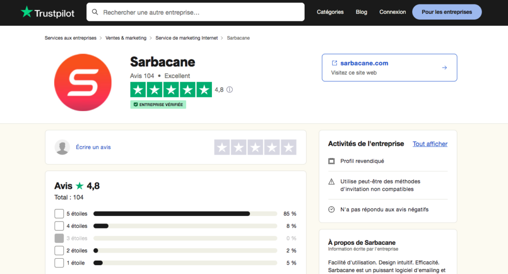 capture écran avis trustpilot sarbacane