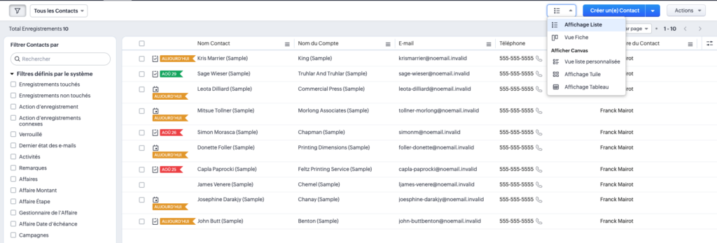 capture écran mode liste fonctionnalité gestion contact