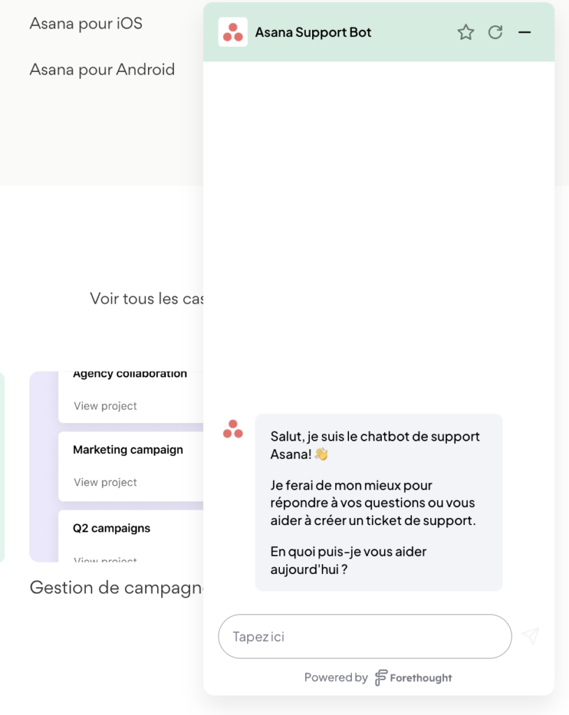 capture écran du chat support Asana