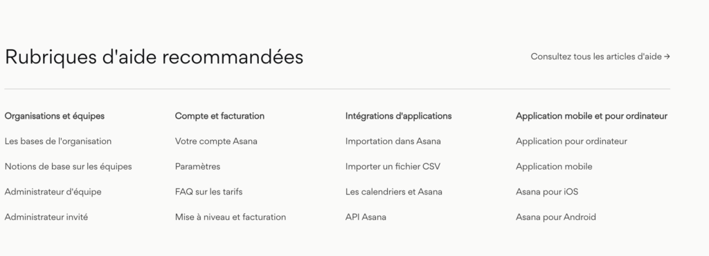 capture ecran site asana support rubrique aide recommandee