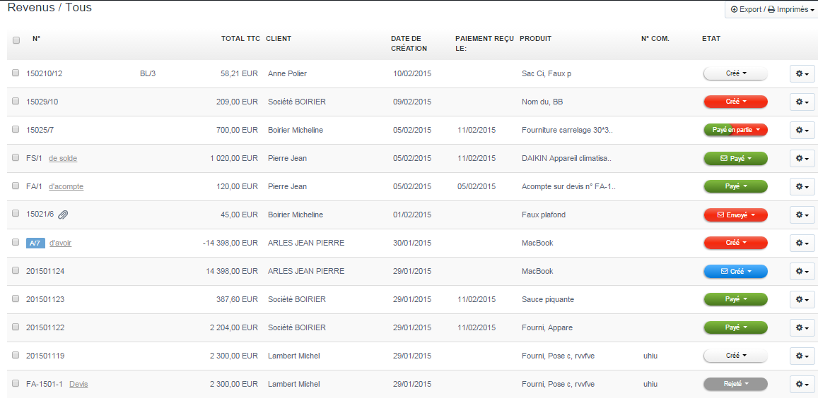 avis vosfactures - tableau de bord