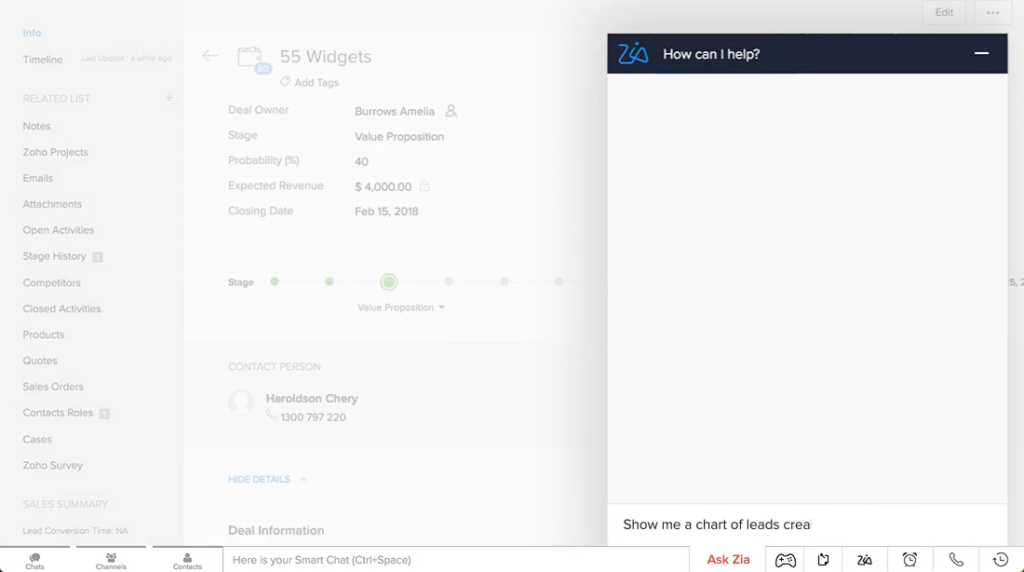 capture ecran suite a une demande ia Zoho CRM