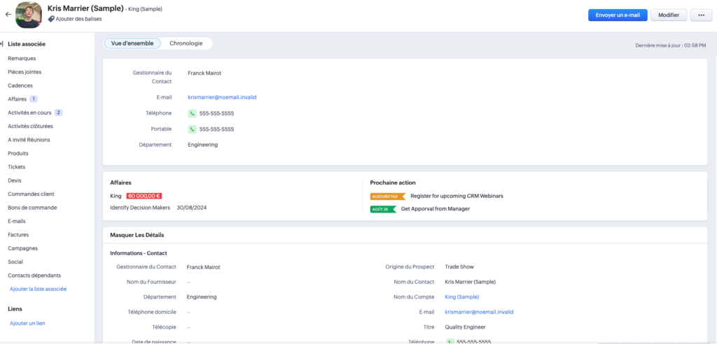 capture écran de fiche contact de Zoho CRM