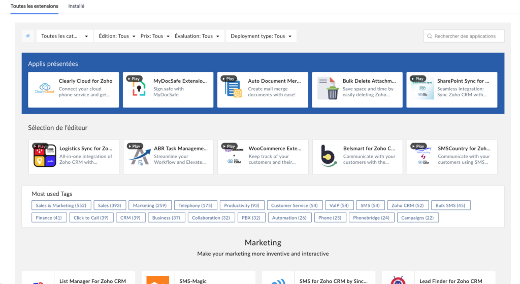 capture ecran marketplace integration zoho crm