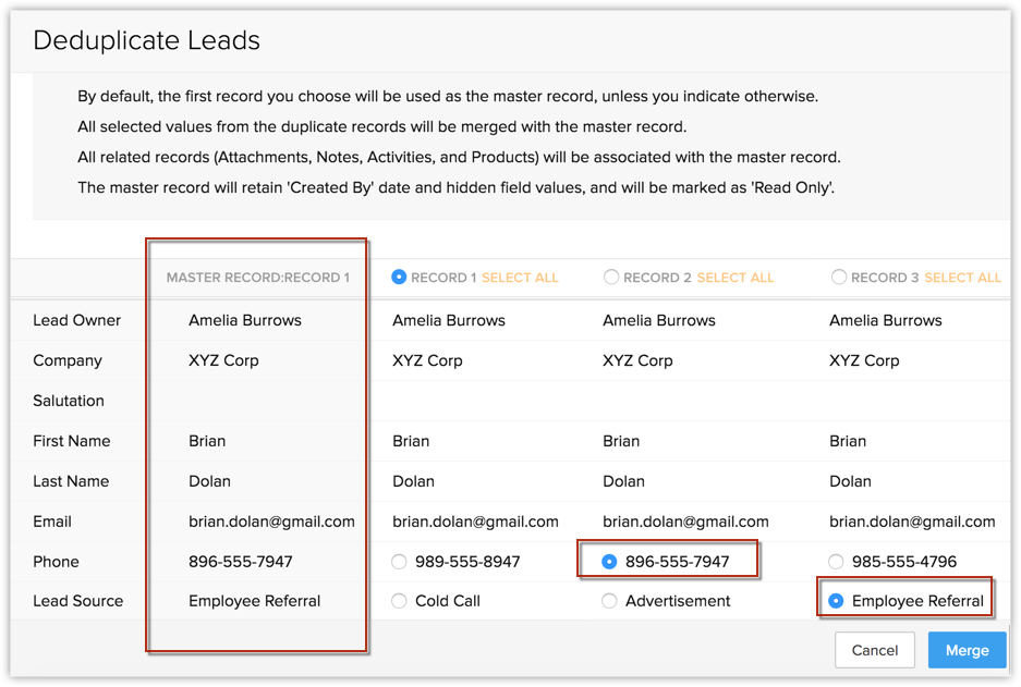 capture ecran dedoublonnage contact Zoho CRM