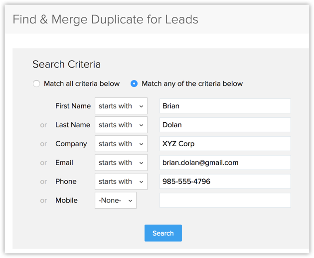 capture ecran dedoublonnage contact Zoho CRM