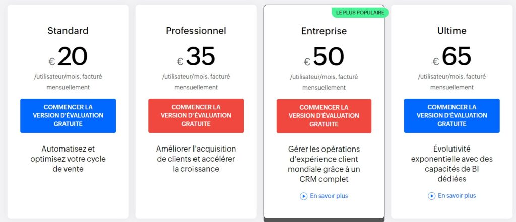 capture d'écran page tarif site Zoho CRM