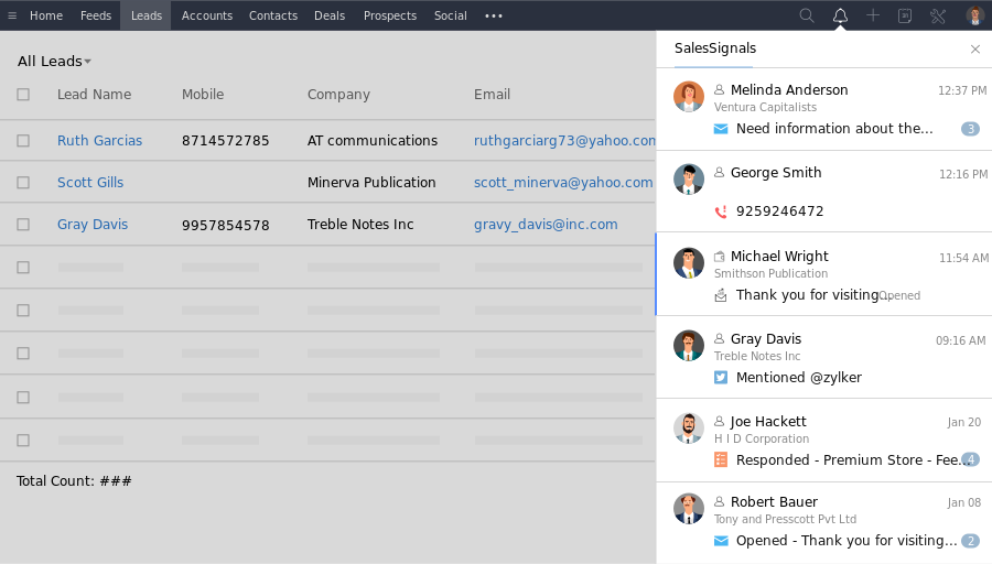 capture ecran gestion email contact Zoho CRM