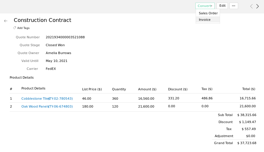 zoho crm - generation devis