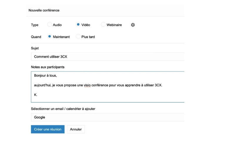 capture d'écran pour lancer une visioconférence sur 3CX