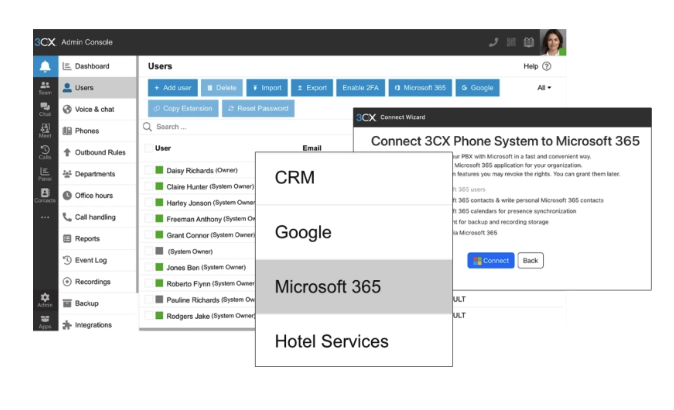 connexion entre 3CX et microsoft 365