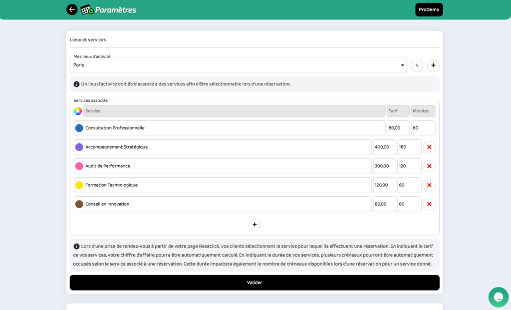 capture écran formulaire parametrage lieux et service de Resaclick