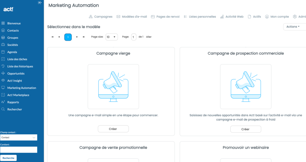 capture écran fonctionnalite marketing automation act!