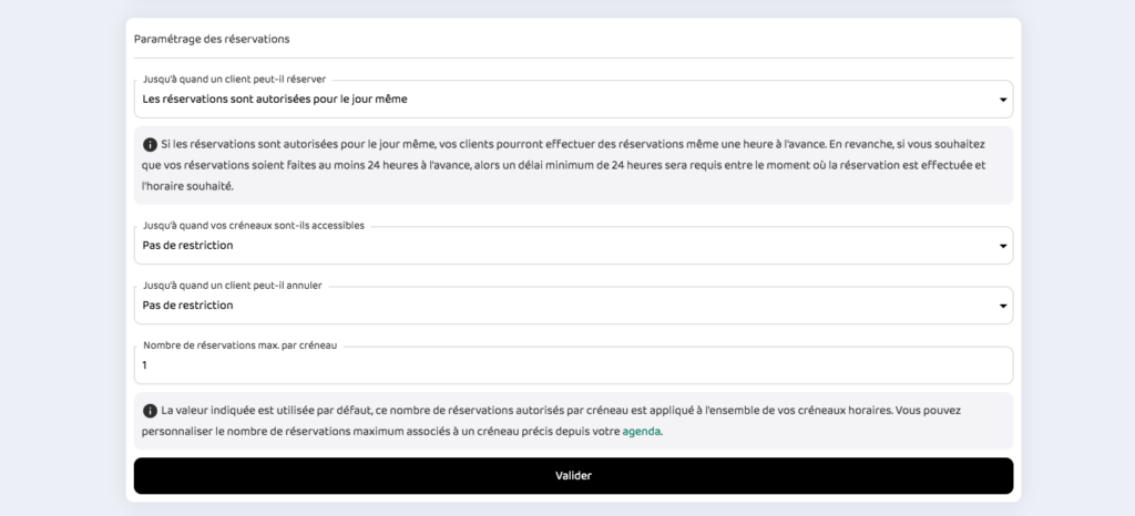 capture écran parametrage formulaire reservations