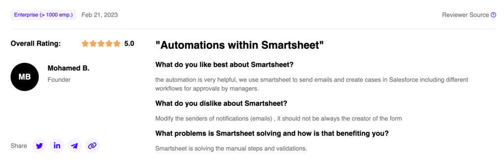 capture écran avis positif sur findstack pour smarsheet