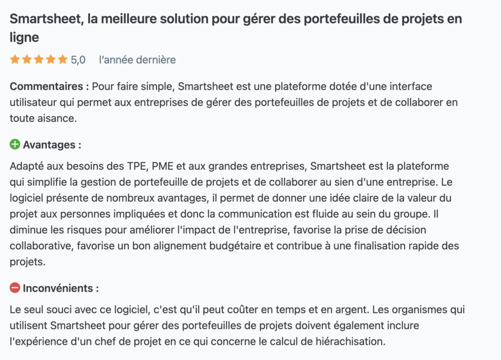 capture écran avis positif smartsheet