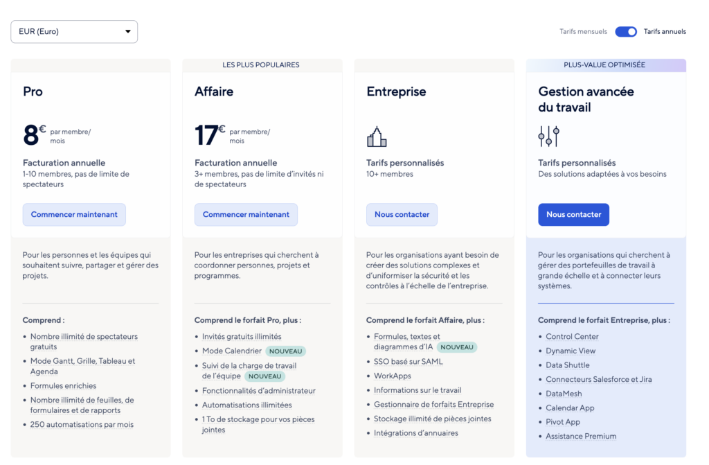 capture écran de la grille tarifaire de smartsheet