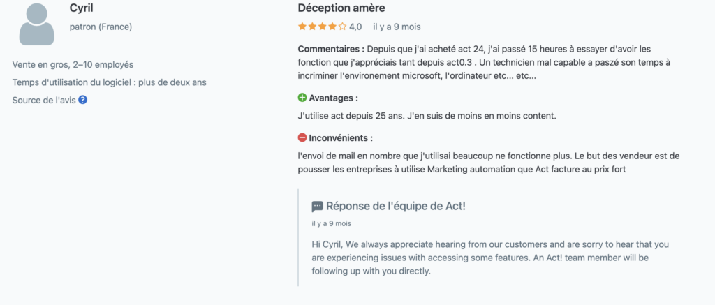 capture écran avis négatif sur crm act! sur Capterra