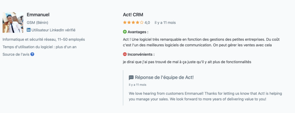 capture écran avis positif sur crm act! sur Capterra