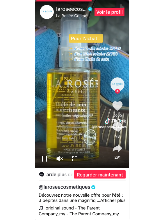 capture écran cas rosee cosmetique tiktok ads