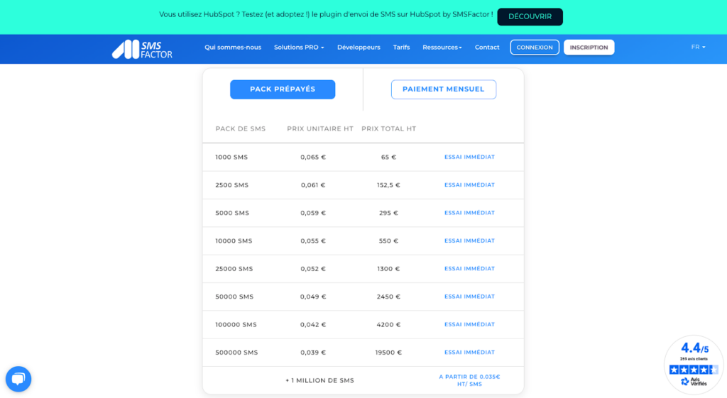 capture écran pricing smsfactor par sms