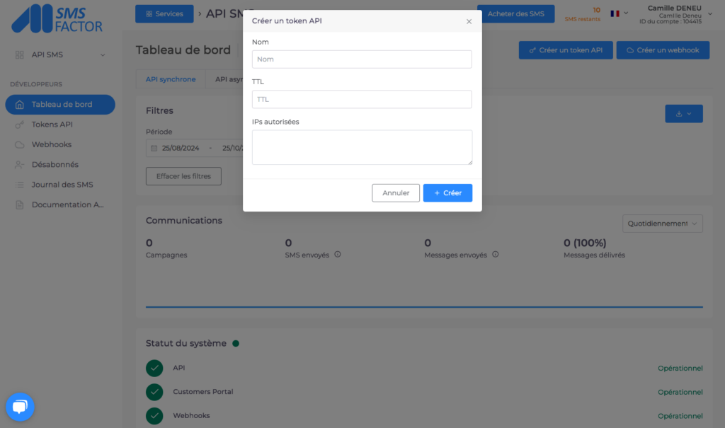 capture écran création token api sms factor