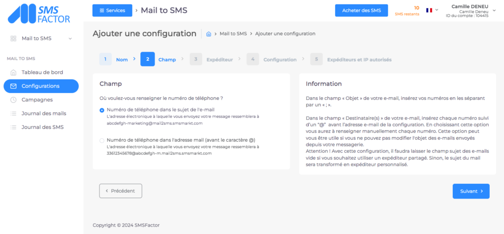 capture écran paramétrage message de mail to sms