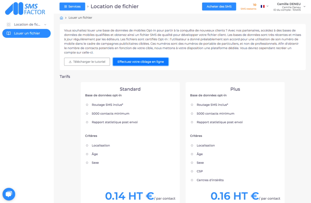 capture écran pricing smsfactor location fichier