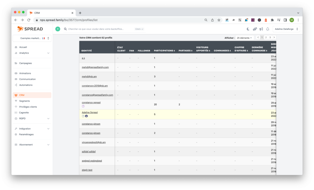 capture écran crm marketing spread prescripteurs