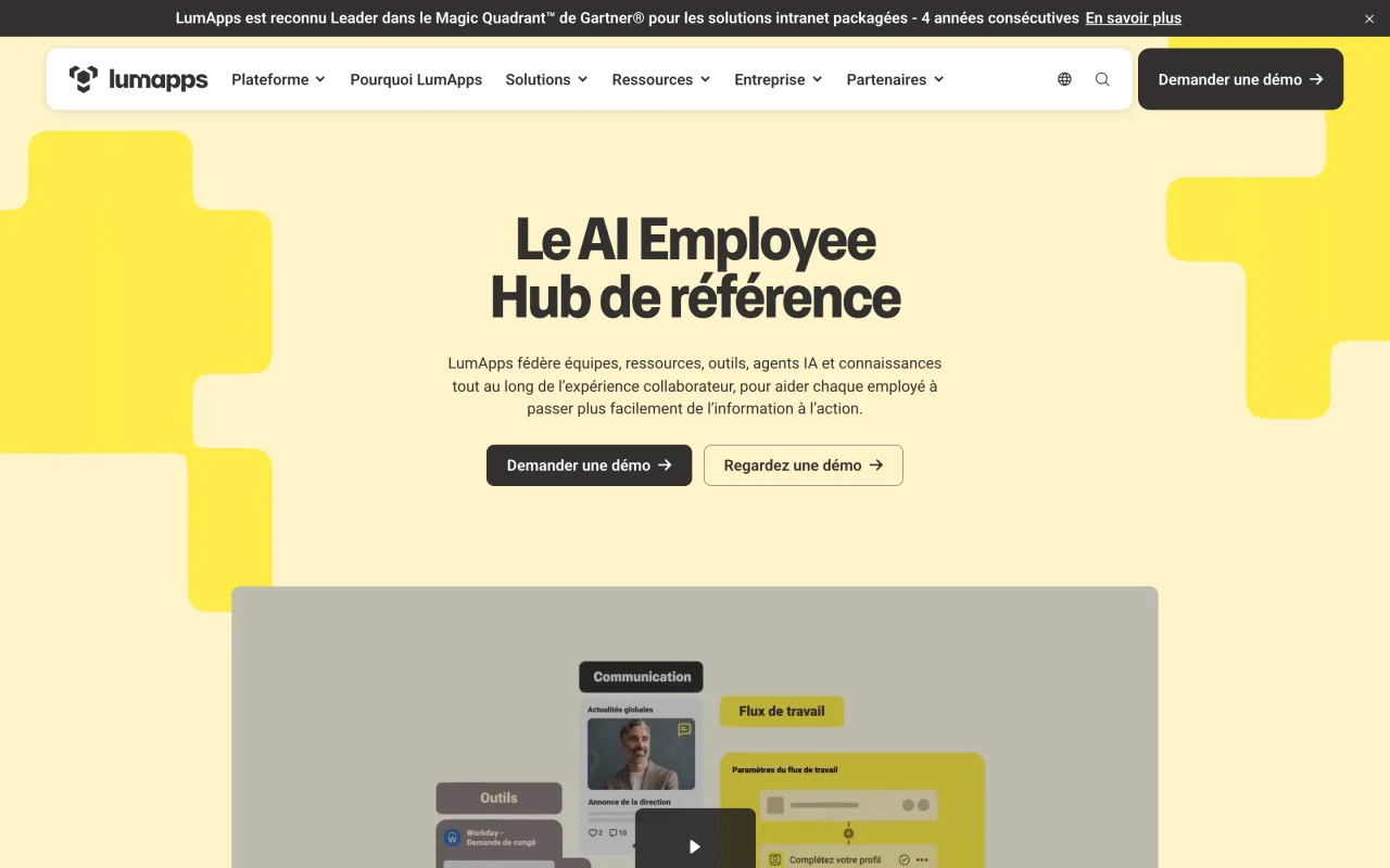 Page d'accueil française de LumApps, plateforme intranet d'expérience collaborateur, relevée le 19 octobre 2026