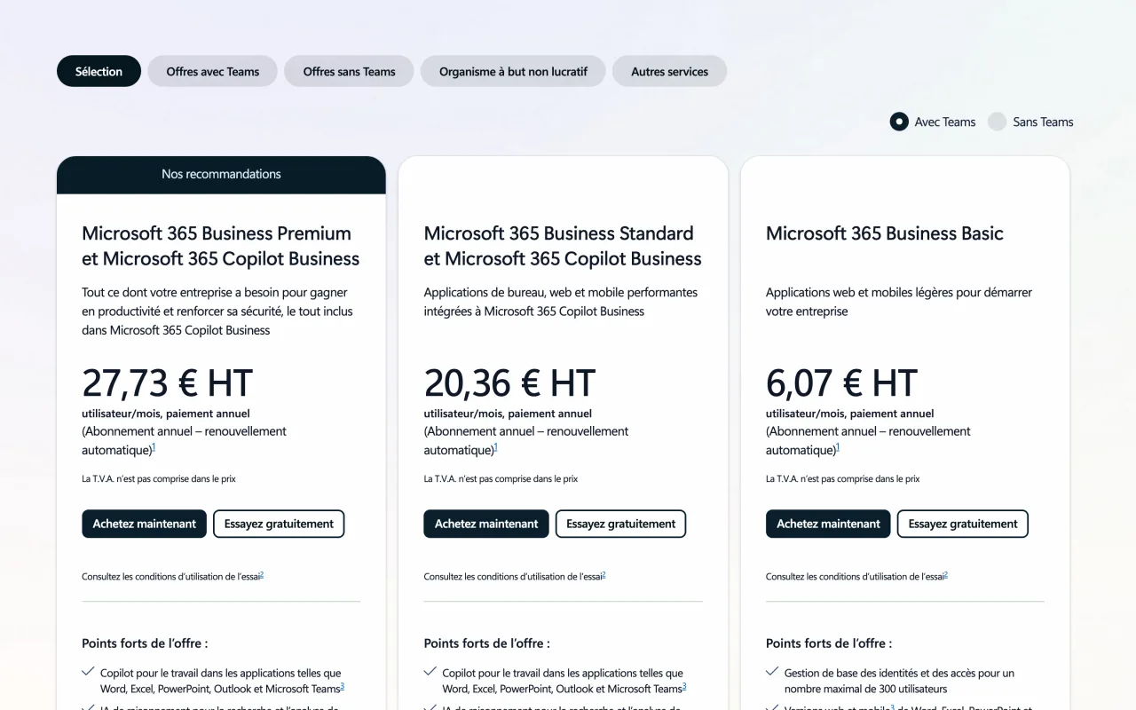 Page de comparaison des offres Microsoft 365 pour les entreprises avec Business Basic à 6,07 euros HT par utilisateur et par mois, relevée le 19 octobre 2026