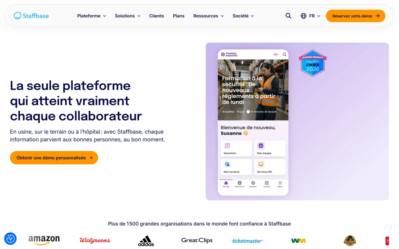 Page d'accueil française de Staffbase revendiquant plus de 1 500 grandes organisations clientes, relevée le 19 octobre 2026
